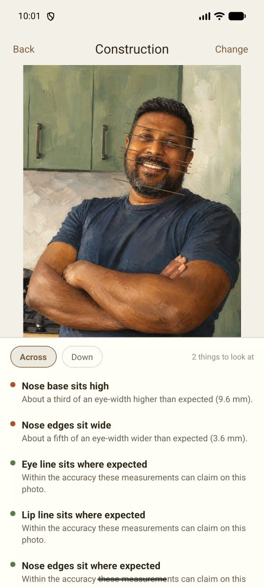 The Construction tool measuring head proportions across a painted portrait