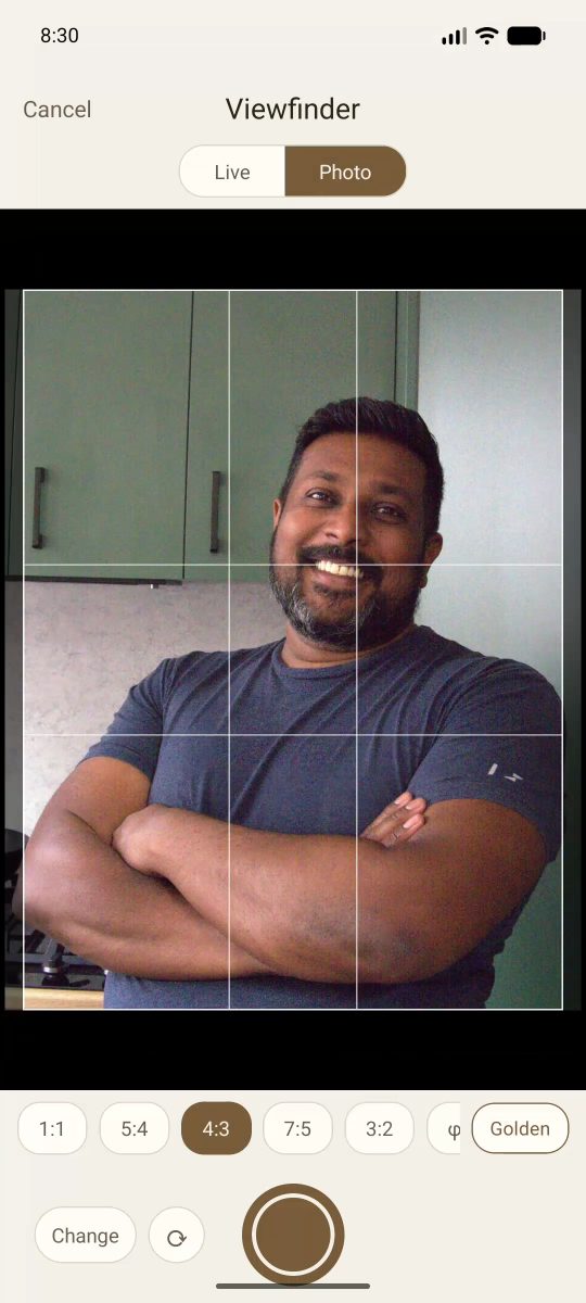 The Viewfinder tool framing a portrait with a rule-of-thirds grid and aspect-ratio controls